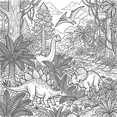 Unleash your creativity with this captivating coloring page featuring a bustling prehistoric jungle filled with magnificent dinosaurs. Immerse yourself in an ancient world teeming with Stegosaurus, Triceratops, Brachiosaurus, and flying Pteranodons, all set amidst lush primeval flora.