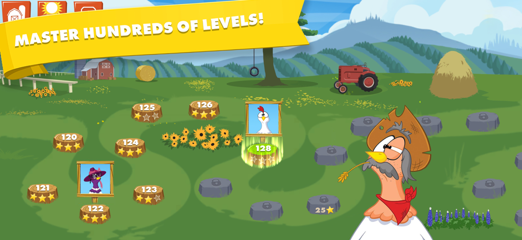 Level selection screen in Chicktionary showing a farm-themed journey map with hundreds of levels.