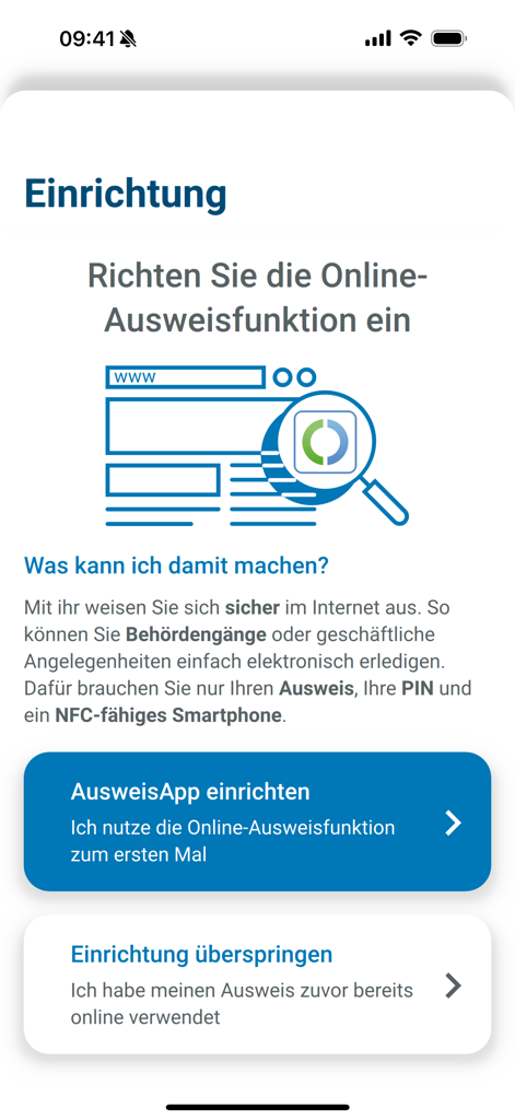 AusweisApp Bund setup screen for online ID function