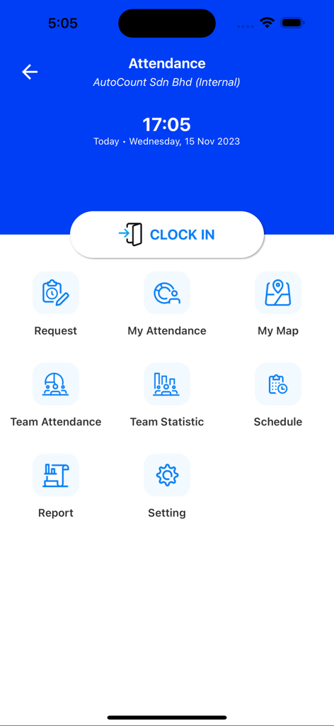 AC Payroll - AC Payroll attendance dashboard showing the clock in button and feature icons