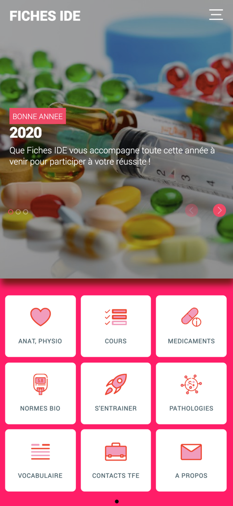 Fiches IDE - Home screen of the Fiches IDE mobile app showing various nursing study categories and medical icons