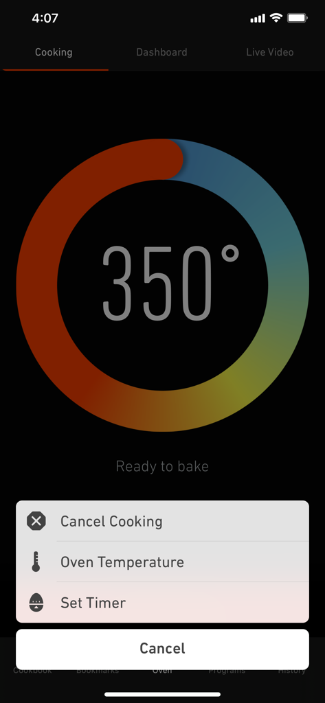 June - L'interface de l'application June montrant une température de four de 350 degrés avec un menu pour les commandes de cuisson à distance