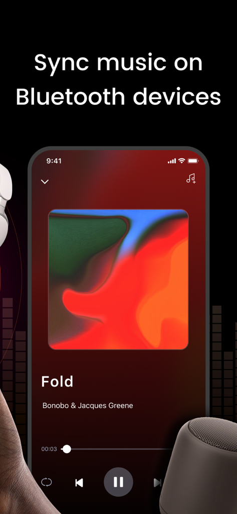 Interface of the Headphones and Speaker connect plus app showing music synchronization with bluetooth devices