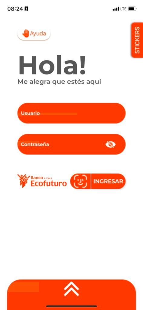 econet - Ecrã de início de sessão da aplicação econet para o Banco Pyme Ecofuturo, mostrando os campos de introdução de nome de utilizador e palavra-passe