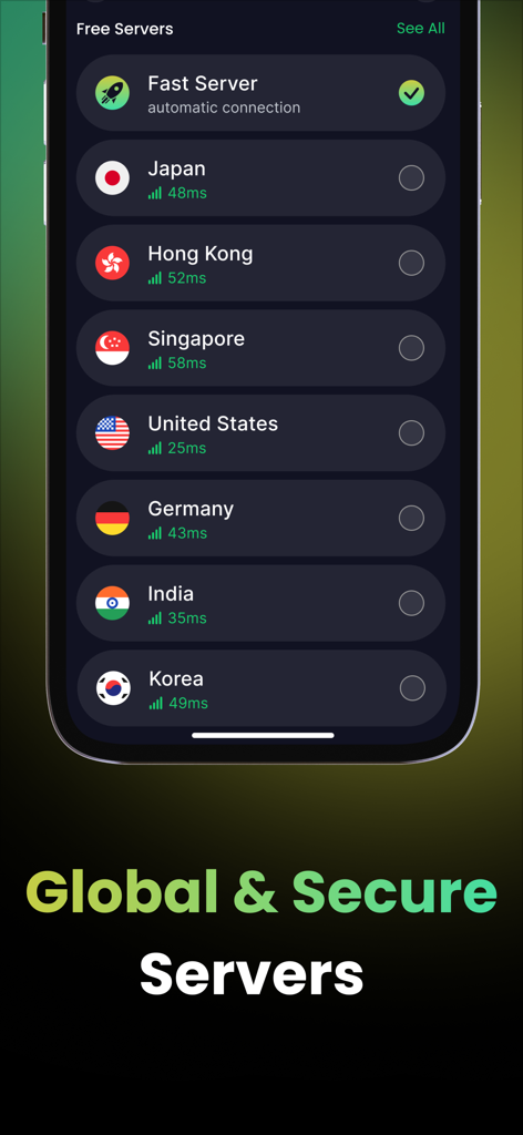 Interfaz de la aplicación Bear VPN mostrando una lista de servidores seguros globales con conexiones de baja latencia