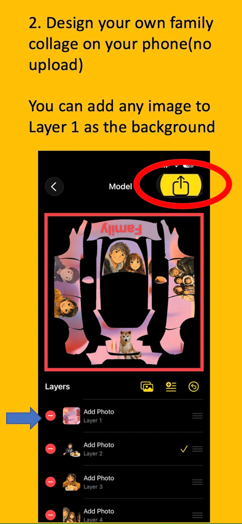 Wrap For Tesla - User interface of Wrap For Tesla app showing family photo layers on a car template for a custom digital wrap