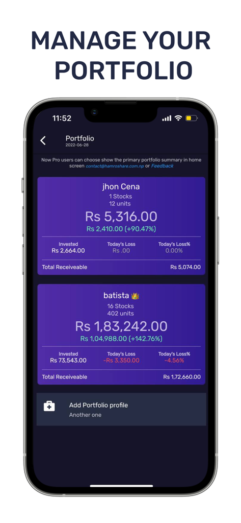 Hamro Share - Nepali Share App - A mobile phone screenshot of the Hamro Share app showing the portfolio management interface with investment summaries and real-time stock data.