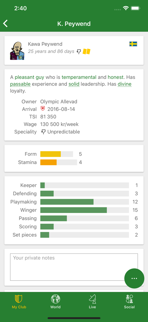 Hattrick Football Manager Game - Un écran de profil de joueur de soccer détaillé dans l'application Hattrick montrant les traits de personnalité et les notes de compétences