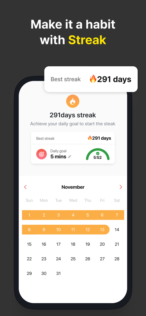 Interface de l'application RedKiwi montrant une série d'apprentissage de 291 jours et un calendrier de suivi des habitudes quotidiennes.