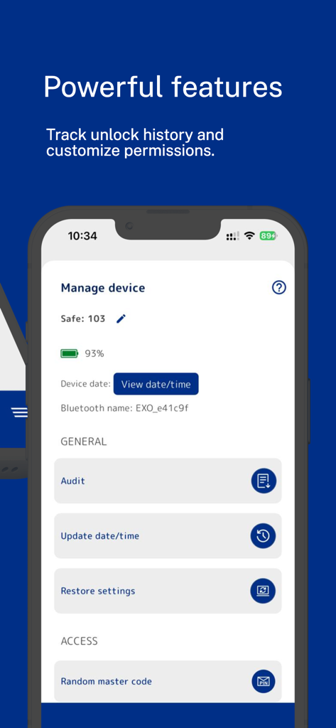 ExoSafe - Interfaz de la aplicación ExoSafe que muestra funciones de gestión de cajas fuertes como el historial de desbloqueo y los permisos de acceso.