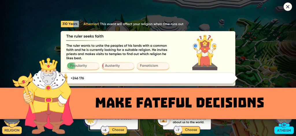 Religion inc. God Simulator - A story event in Religion inc. God Simulator showing a ruler seeking a faith with choices to make fateful decisions.