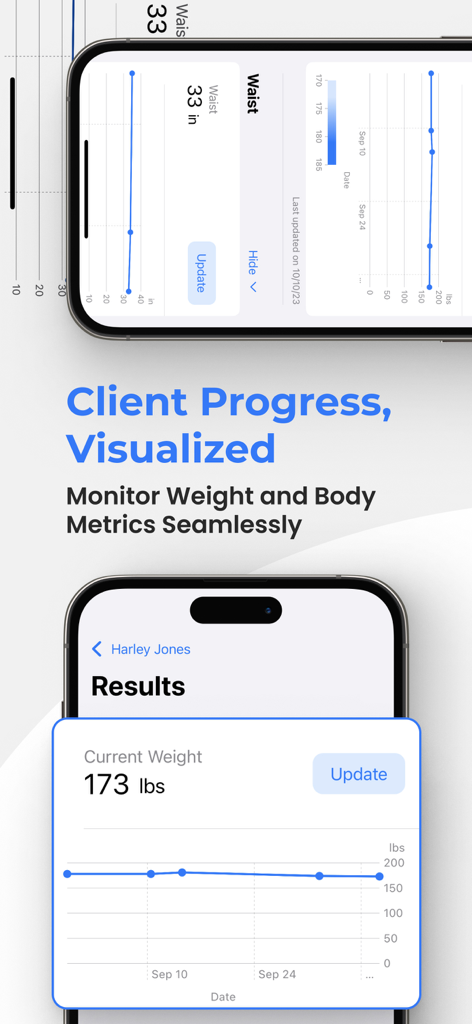 PT Sessions mobile app interface showing visual charts for tracking client weight and body metrics progress over time