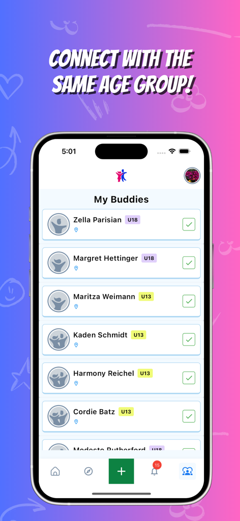 Young Creator - Eine Liste von Freunden in der Young Creator App, kategorisiert nach Altersgruppen wie U13 und U18