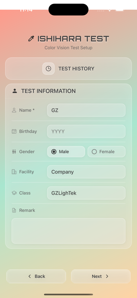 uSagI Eyes Protect - Pantalla de configuración de la prueba de visión del color de Ishihara mostrando campos de formulario de información del usuario.