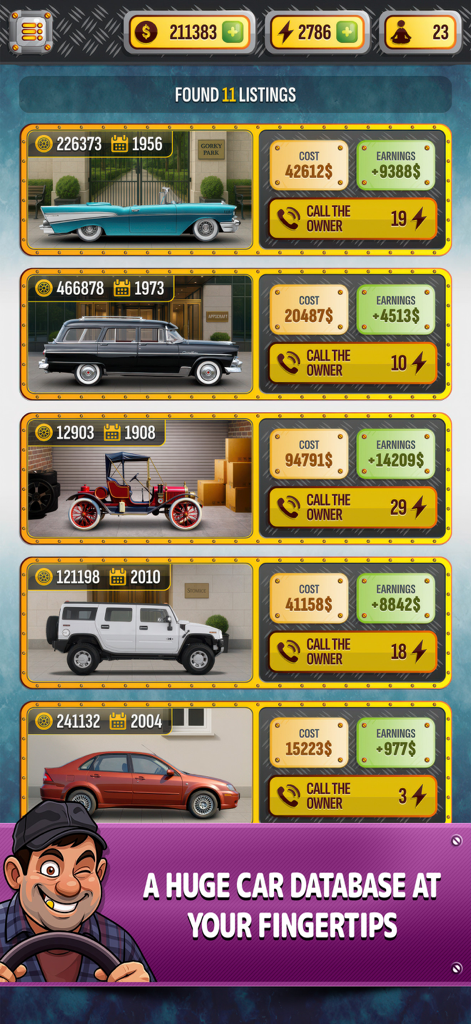 Cars Dealer Simulator - A screen from Cars Dealer Simulator showing a database of diverse car listings with their costs and potential earnings.