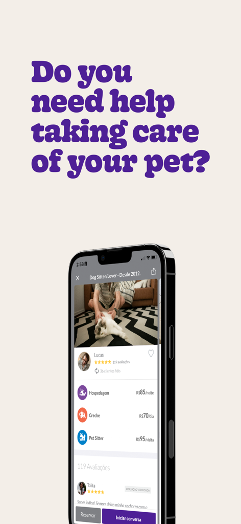 Teléfono inteligente mostrando la interfaz de la aplicación DogHero con perfiles de cuidadores de mascotas y servicios de alojamiento.