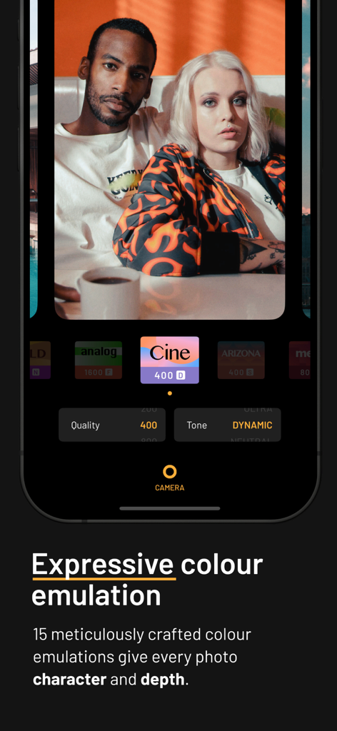 mood.camera - A smartphone interface showing a portrait photo edited with expressive film color emulation in the mood camera app.