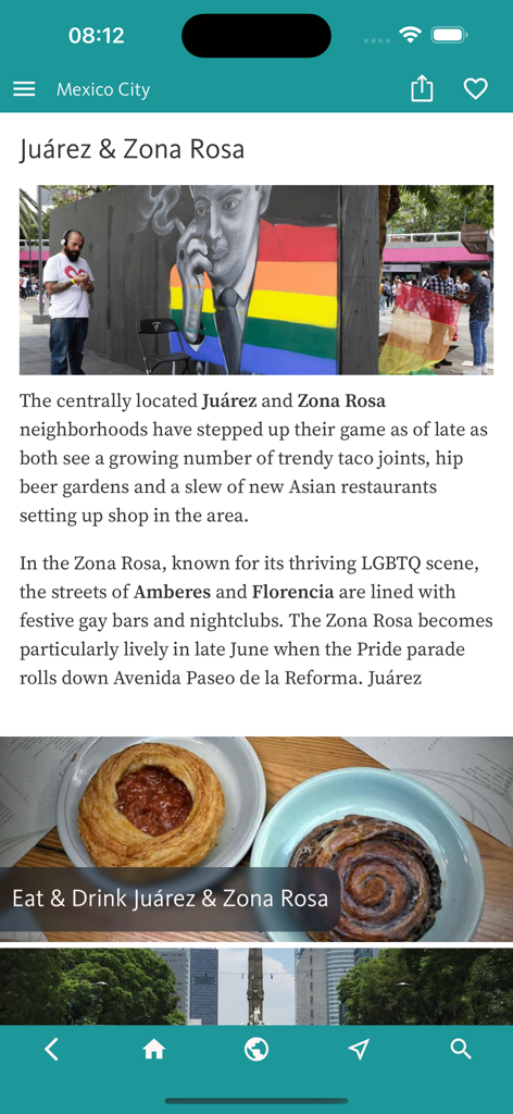 Mexico City’s Best: Trip Guide - Mobile app screen showing a travel guide for the Juarez and Zona Rosa neighborhoods in Mexico City including local murals and food.