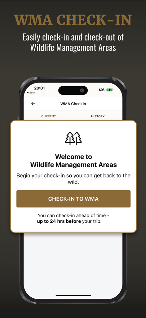 MDWFP HuntFish - MDWFP HuntFish app Wildlife Management Area check-in screen