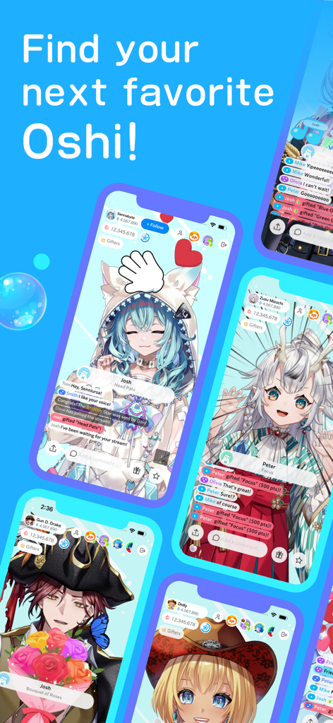 Multiple smartphone screens showing anime-style Vtuber characters in a live streaming app with the text Find your next favorite Oshi.