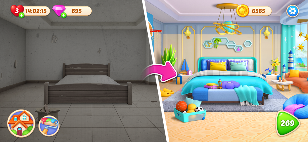 Makeover Master - Home Design - Before and after bedroom renovation in Makeover Master home design game