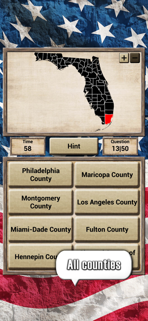 USA Geography Quiz game screen showing a map of Florida with a county highlighted in red and multiple choice options
