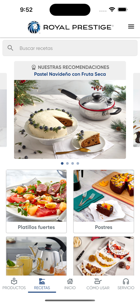 Royal Prestige mobile app interface showing recipe categories and featured dishes in Spanish.