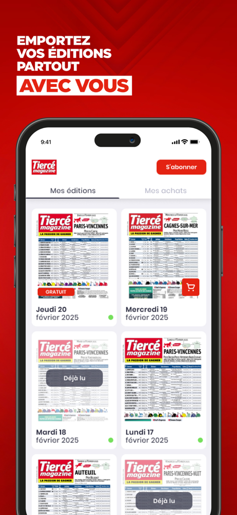 Library screen of the Tiercé Magazine app displaying digital editions of horse racing journals.