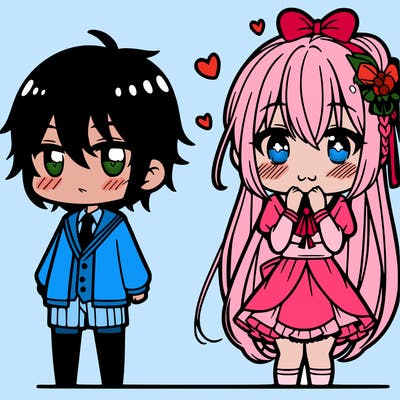 a anime boy next to a girl blushing