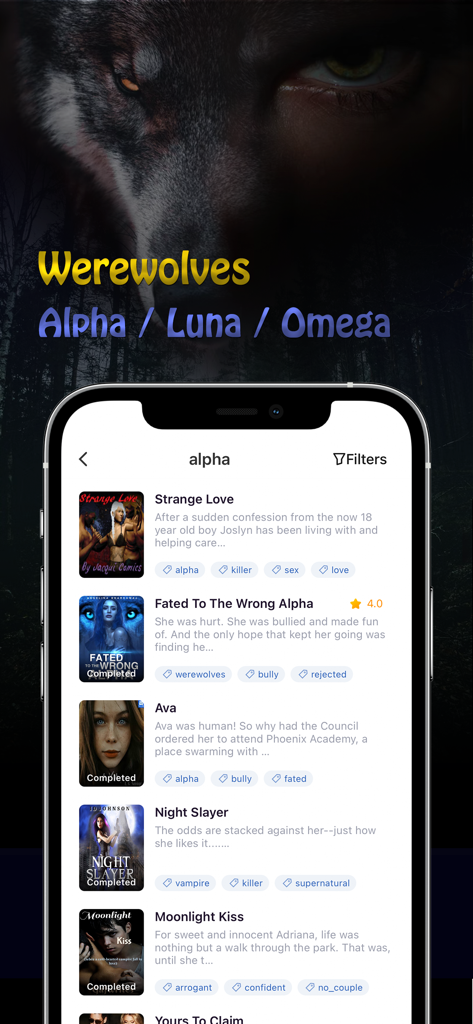NovelWolf - Interfaccia dell'app mobile NovelWolf che mostra un elenco di romanzi di licantropi e paranormali con tag alpha.