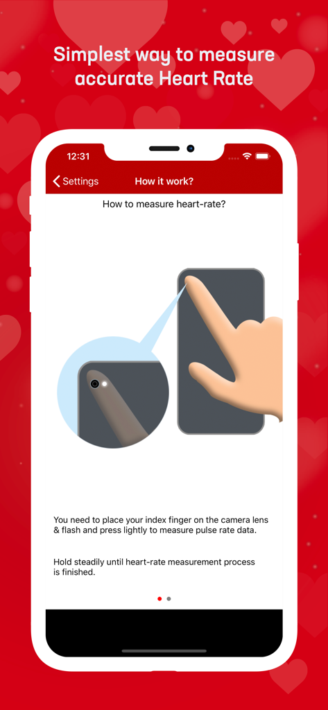 Heart Rate & Pulse Tracker - Tutorial screen explaining how to measure heart rate by placing an index finger over the smartphone camera lens and flash.