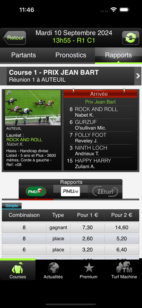 Turfomania - Turf et pronostic - Écran de l'application mobile Turfomania affichant les résultats des courses hippiques et les gains des paris pour une course à Auteuil