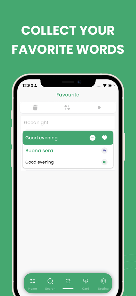 Learn Italian - Phrasebook - A mobile screen showing saved favorite Italian phrases with translation and audio options