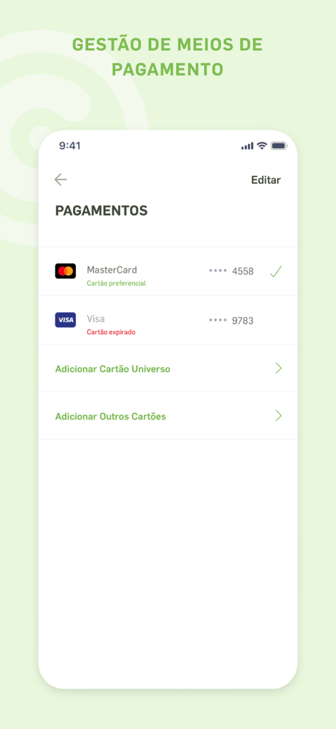 Continente Plug&Charge - Schermata di gestione dei metodi di pagamento nell'app mobile Continente Plug and Charge