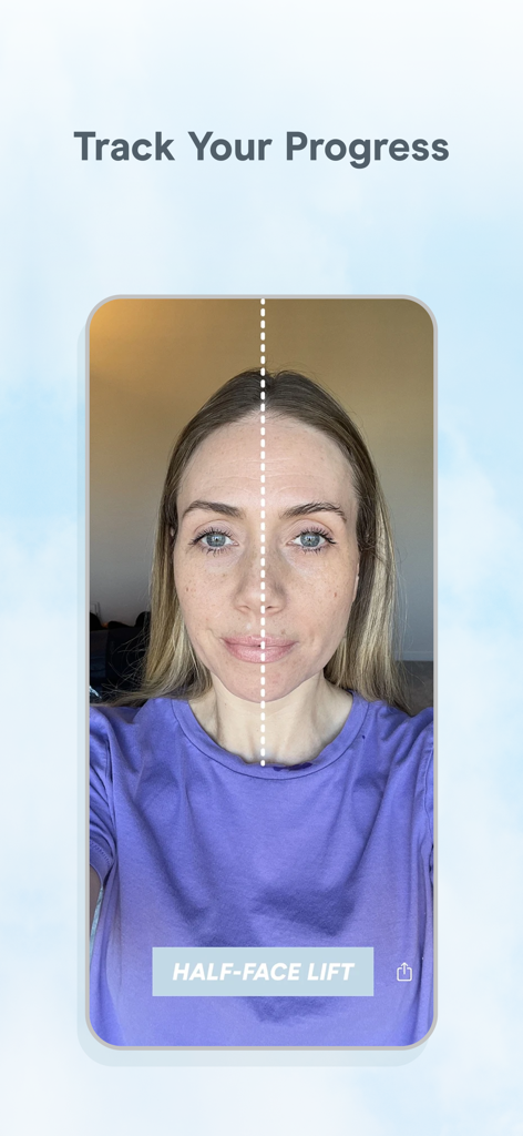 NuFACE app screen showing a woman using the selfie tracker feature to see half face lift results