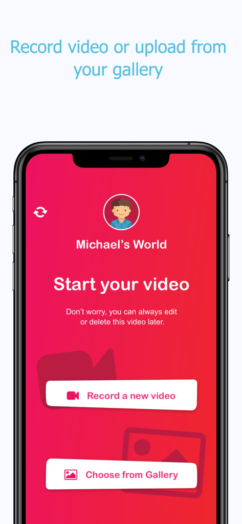 VidKids: Make Fun Videos! - A mobile interface for the VidKids app showing options to record a new video or choose one from the gallery for Michael's World channel.