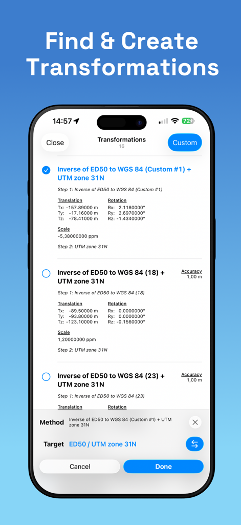 GPS Converter - CoordFix - Interfaz de la aplicación CoordFix mostrando la configuración de transformación de coordenadas y parámetros Helmert