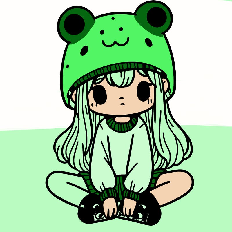 a girl wearing a frog hat and some frog socks