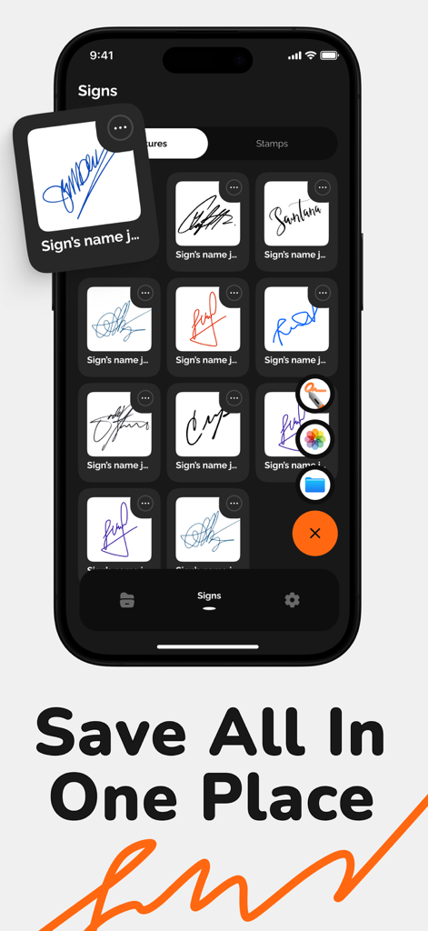 Vista de galería de múltiples firmas digitales guardadas dentro de la interfaz de la aplicación móvil eSign.