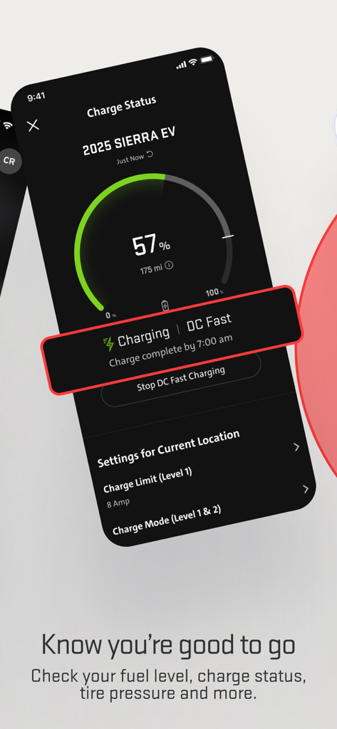 Interface of the myGMC mobile app showing the electric vehicle charge status and range for a GMC Sierra EV