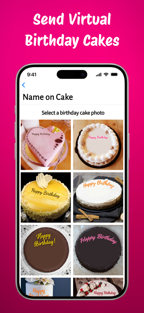 Un écran d'application mobile montrant une grille de divers gâteaux d'anniversaire décorés pour envoyer des salutations virtuelles.