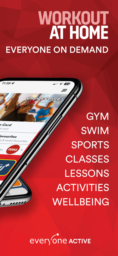 Everyone Active - Interfaz de la aplicación Everyone Active con entrenamientos bajo demanda y categorías de fitness como gimnasio, natación y clases.