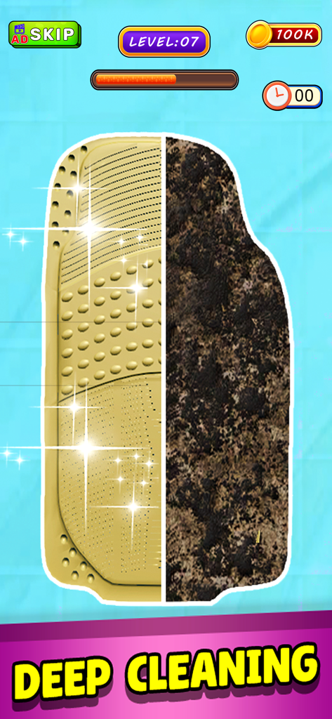 Deep Cleaning ASMR! Clean Up - Gameplay che mostra un tappetino per auto sporco che viene restaurato a una superficie dorata e lucida nell'app Deep Cleaning ASMR.