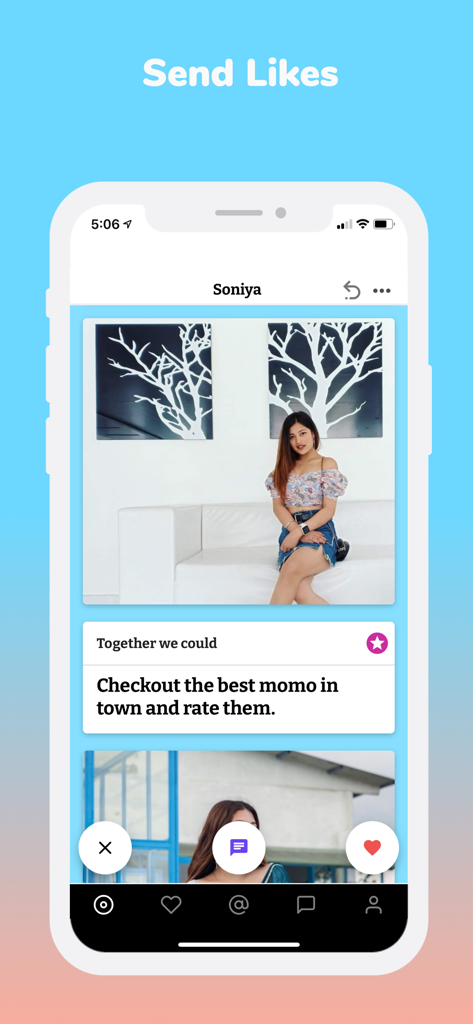 Mooche - Modern Nepali Dating - A user profile interface on the Mooche Nepali dating app showing a woman named Soniya with like and message buttons