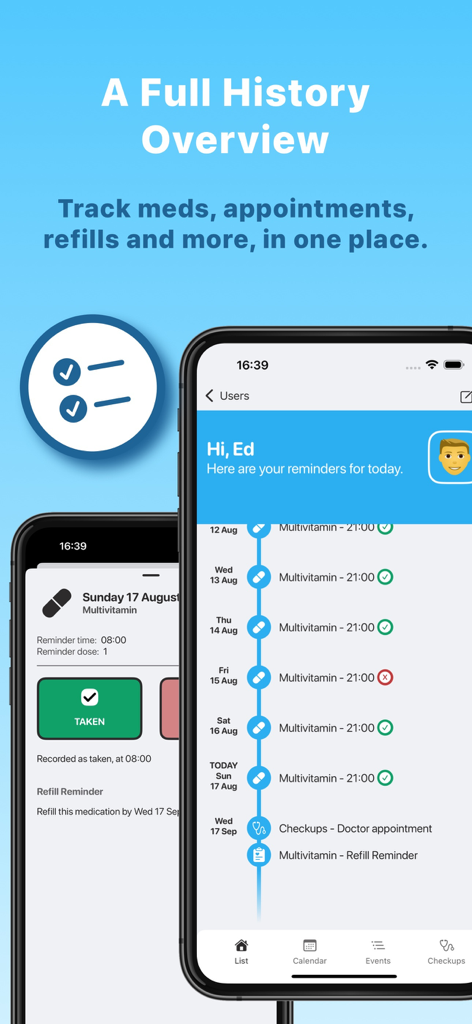 A interface do aplicativo Tablets mostrando uma visão geral do histórico completo de doses de medicamentos e lembretes diários