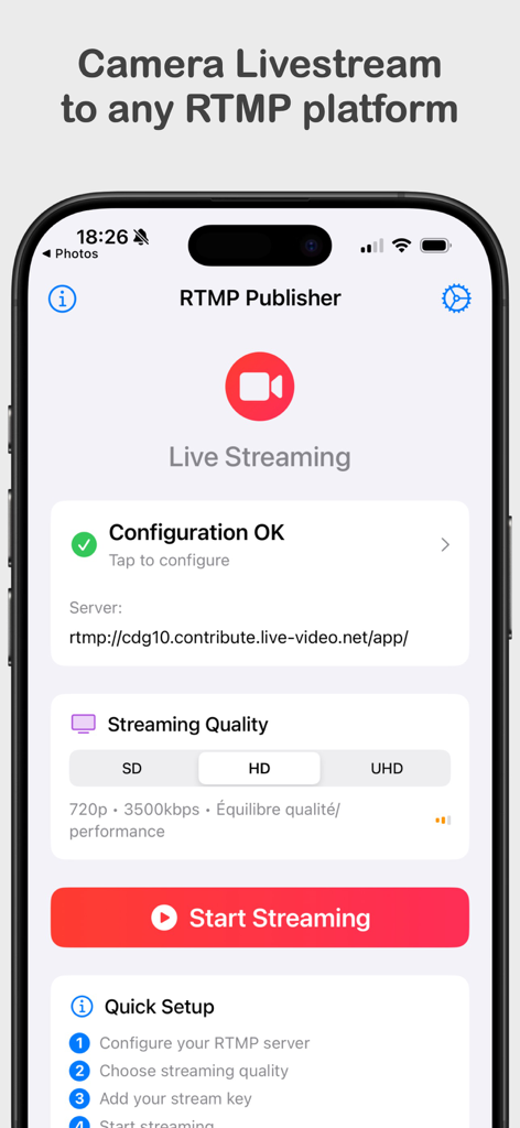 RTMP Live Streaming Publisher - RTMPライブストリーミングパブリッシャーアプリのメイン設定画面。ストリーム設定と品質オプションを表示