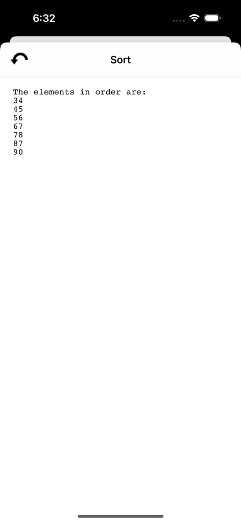 iPseudoCode - for phone - A screenshot showing the output of a sorting algorithm in the iPseudoCode app with a list of numbers in ascending order.