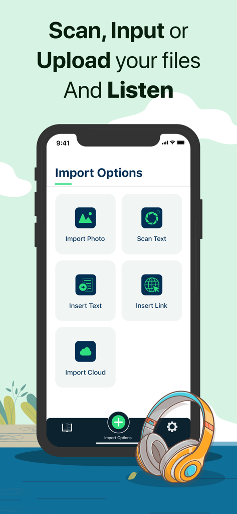Text To Speech : Audio Books - テキスト読み上げアプリのインターフェース。テキストのスキャン、写真のアップロード、またはクラウドからのファイルのインポートオプションが表示されている