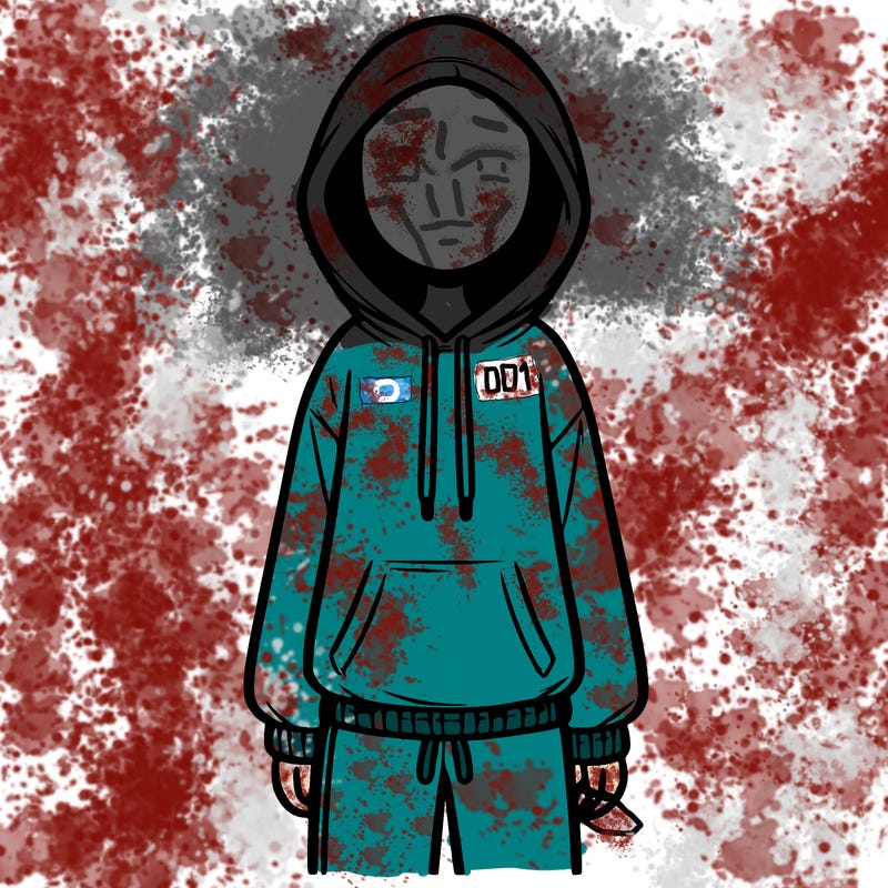 faceless girl in a tracksuit with a hood on and no hair