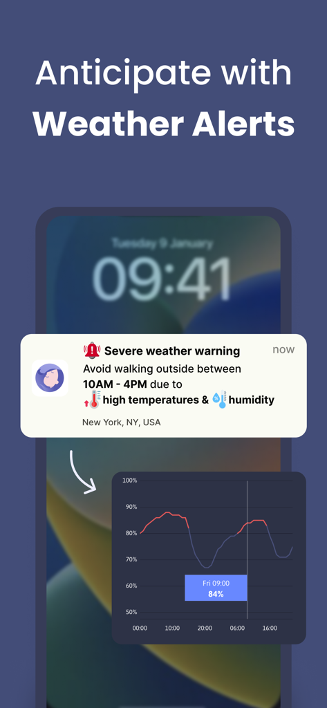 Migraine Buddy: Track Headache - Aplicación Migraine Buddy que muestra una notificación de advertencia meteorológica severa y un gráfico del nivel de humedad para ayudar a los usuarios a gestionar los desencadenantes de migraña.